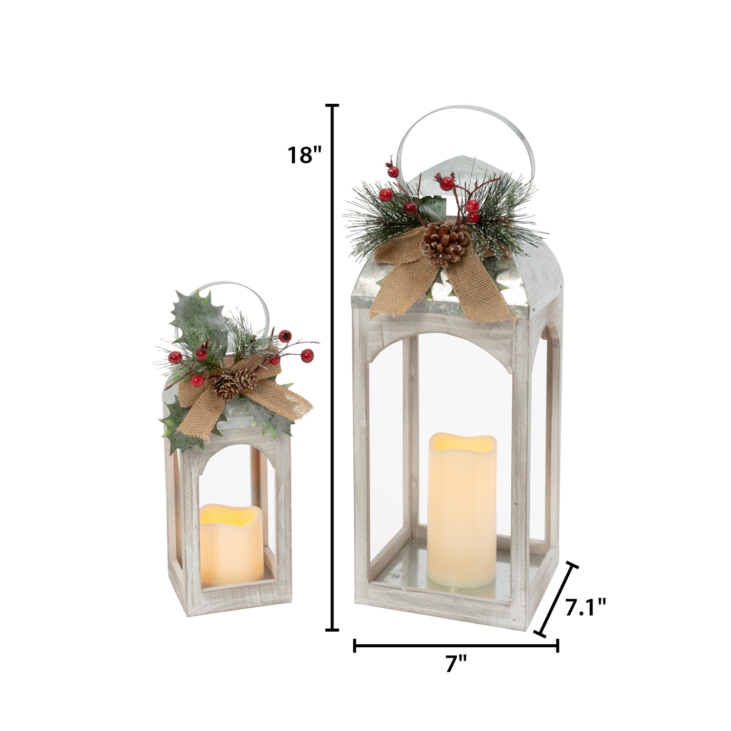 Set of 2 Christmas Holiday Lantern with Floral Accents, LED